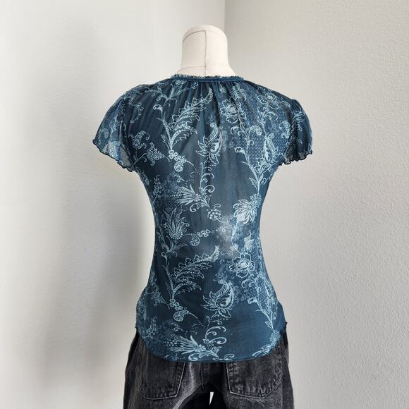 Y2K Mesh Blue Floral Sheer Ruched Cap Sleeve V-Neck Whimsigoth Top XS - Picture 5 of 7